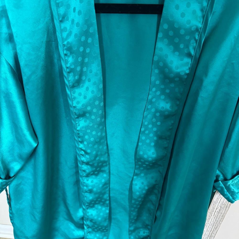 Inner Most Vintage Teal Satin Kimono Robe Polka Dot Trim XS Korea - Picture 2 of 11